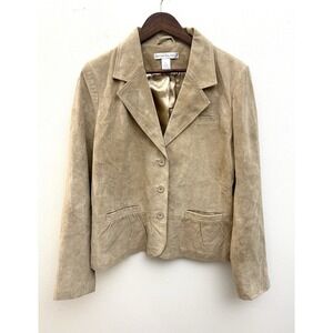Y2K Suede Blazer Fit Jacket Tan Neutral Gathered Pockets Lined Buttons XL